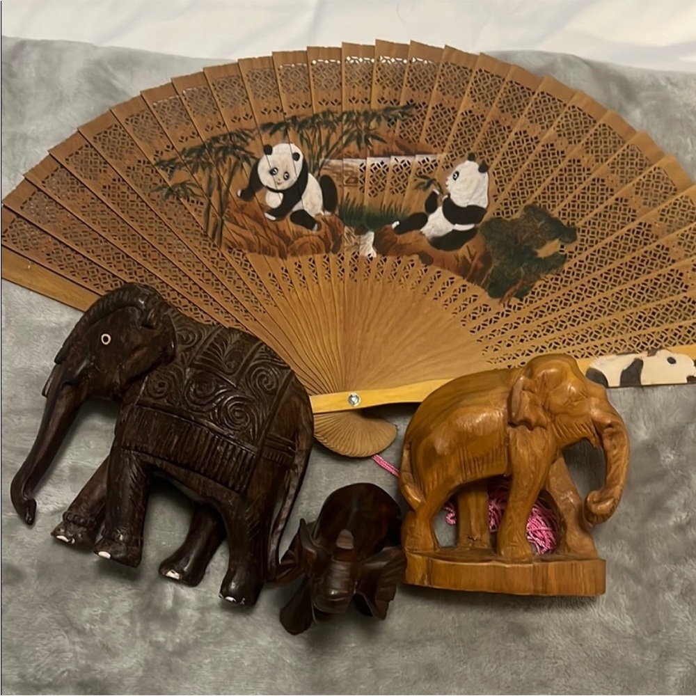 Wooden Elephant Figurines and Panda Fan Set